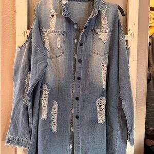Distressed Denim Shacket with Cold Shoulder-NWOT!